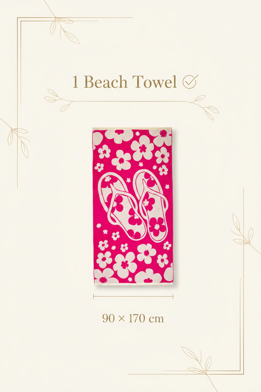 Bath towel with flip-flop and floral design on a pink background