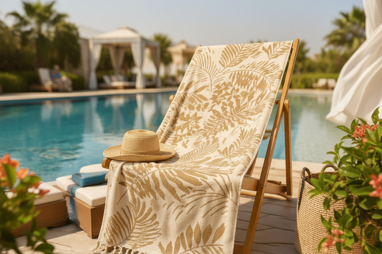 Beige patterned towel draped over a wooden chair by a poolside.