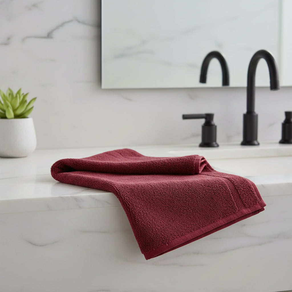 Folded burgundy towel on a light gray background