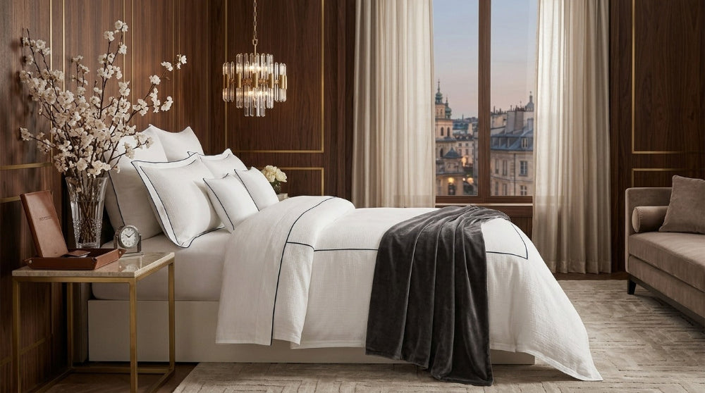 Luxury cotton sateen bed sheet set from the Signature Collection featuring silky softness, decorative cushion covers, and elegant modern bedroom styling