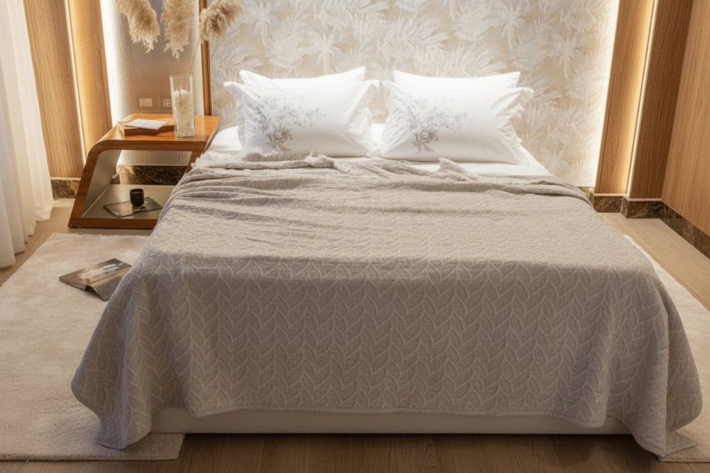 Textured 100% cotton coverlet from the Textures Collection featuring breathable comfort, layered texture, and modern luxury bedroom styling