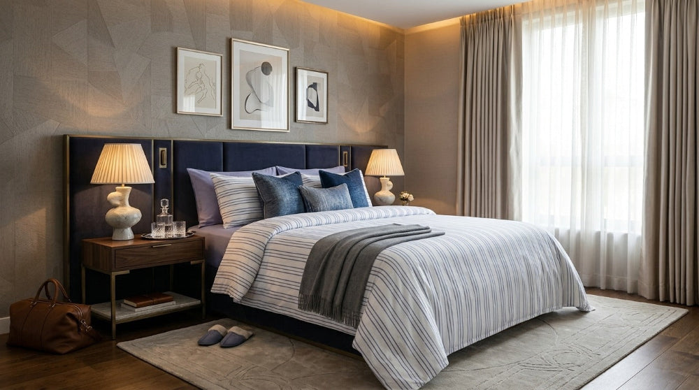 Textured cotton bed sheet set from the Textures Series featuring breathable comfort, decorative cushion covers, and elegant modern bedroom styling