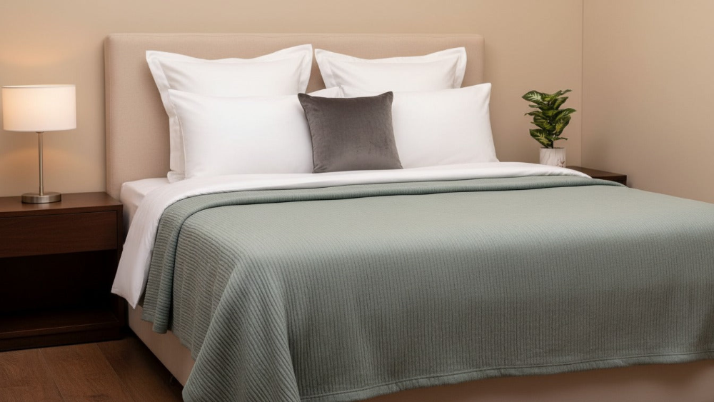 Bed with green blanket and white pillows in a bedroom setting