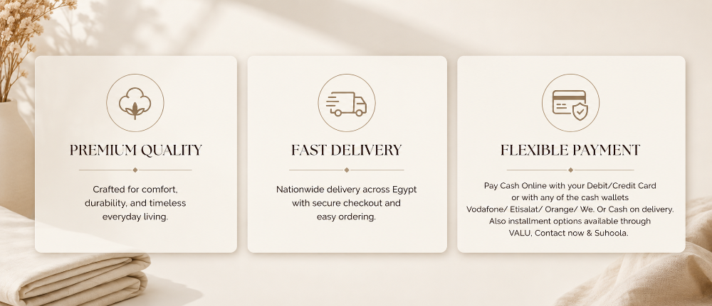 Three white cards with icons and text on a beige background