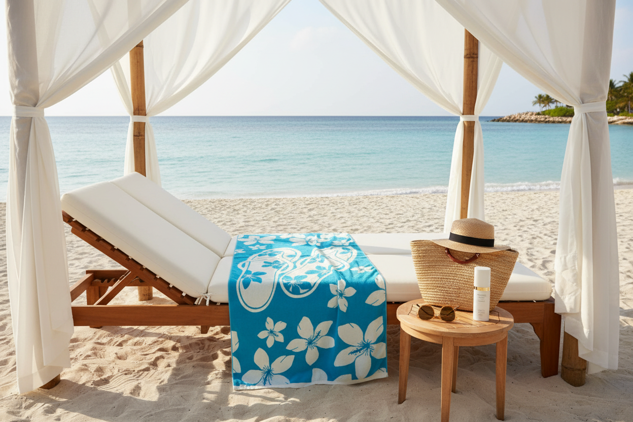 Towel with white flip-flops and floral patterns on a blue background