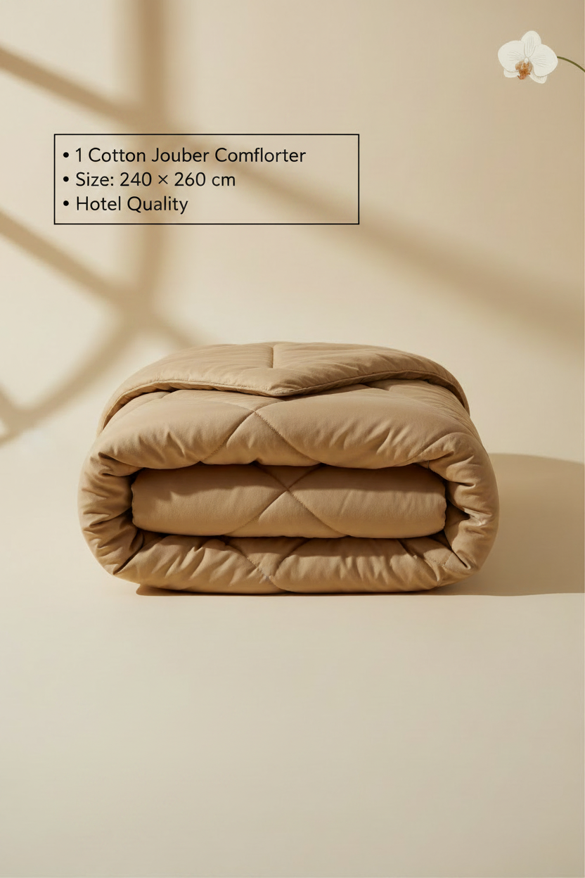Beige comforter on a bed in a bedroom setting with a wooden headboard and side table.