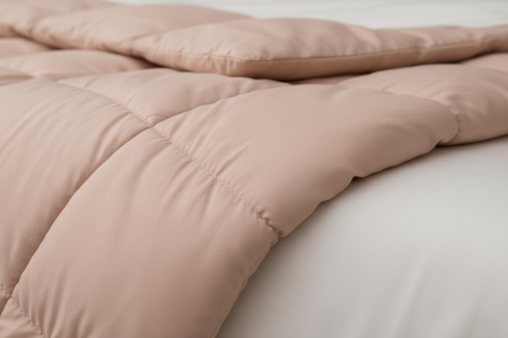 Bed with pink quilt and pillows in a bedroom setting