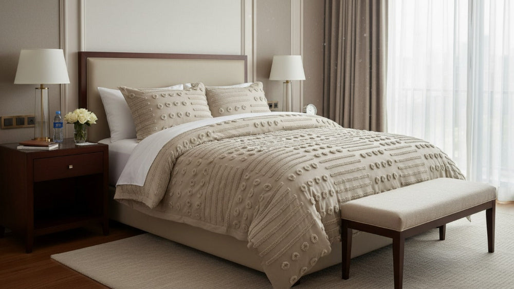 Neatly made bed with beige bedding in a well-lit bedroom.