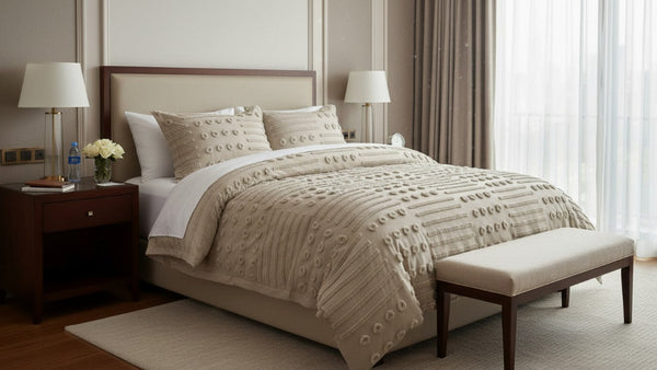 Neatly made bed with beige bedding in a well-lit bedroom.