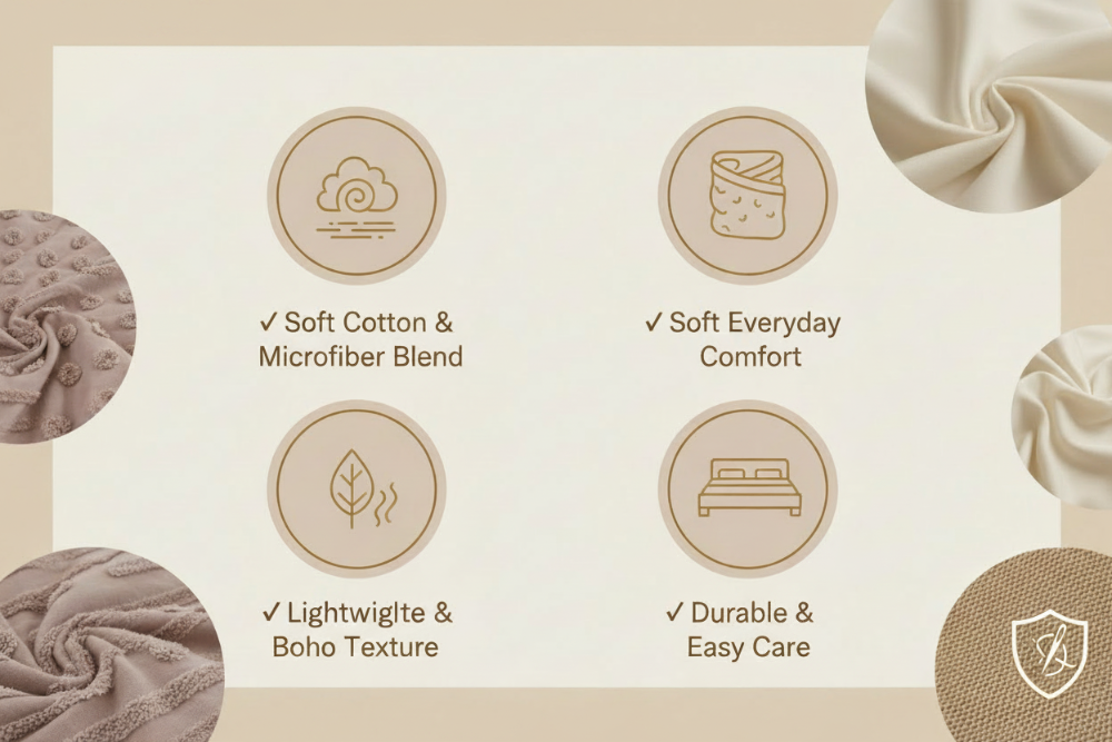 Product packaging with icons and text highlighting features like soft cotton blend, everyday comfort, light weight texture, and durability.