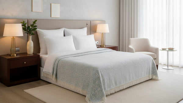 Neatly made bed with white bedding and a gray throw blanket in a well-lit bedroom.