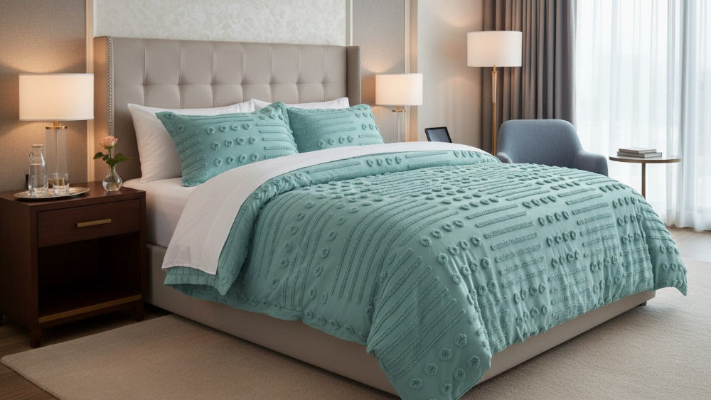 Neatly made bed with decorative pillows and a coverlet in a bedroom setting.