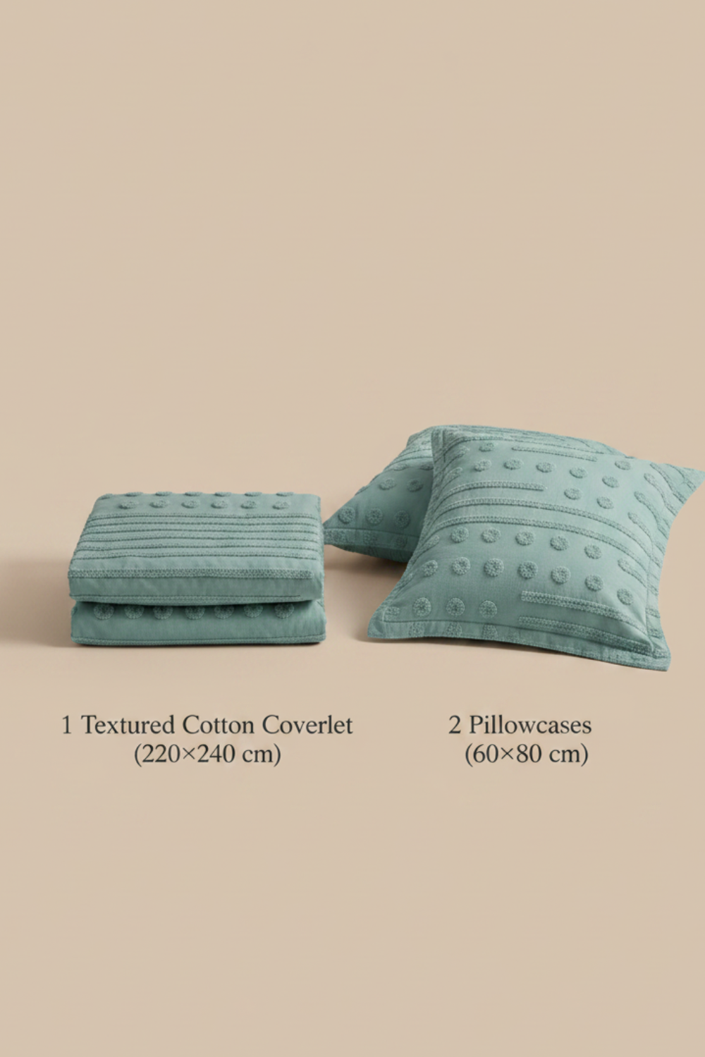 Textured cotton coverlet and pillowcases on a beige background
