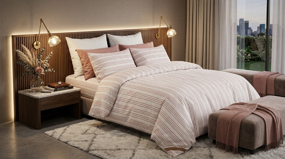 Textured cotton bed sheet set from the Textures Series featuring breathable comfort, decorative cushion covers, and elegant modern bedroom styling