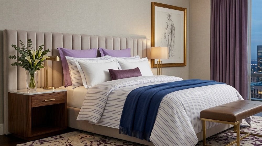 Textured cotton bed sheet set from the Textures Series featuring breathable comfort, decorative cushion covers, and elegant modern bedroom styling