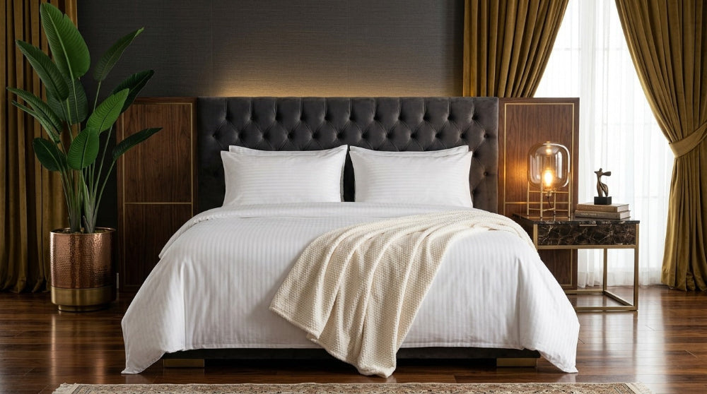 100% from the Textures Series featuring elegant woven texture, breathable comfort, and modern bedroom styling