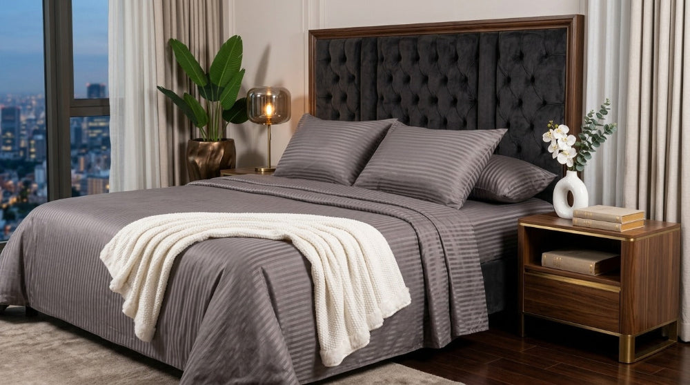 100% cotton stripe bed sheet set from the Textures Series featuring elegant woven texture, breathable comfort, and modern bedroom styling