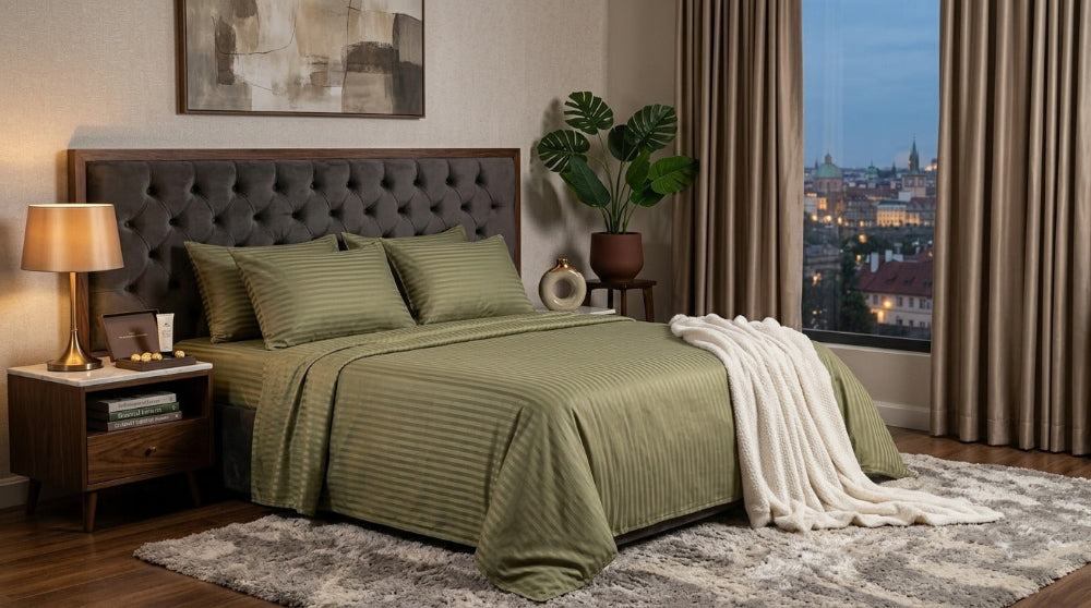 100% cotton stripe bed sheet set from the Textures Series featuring elegant woven texture, breathable comfort, and modern bedroom styling