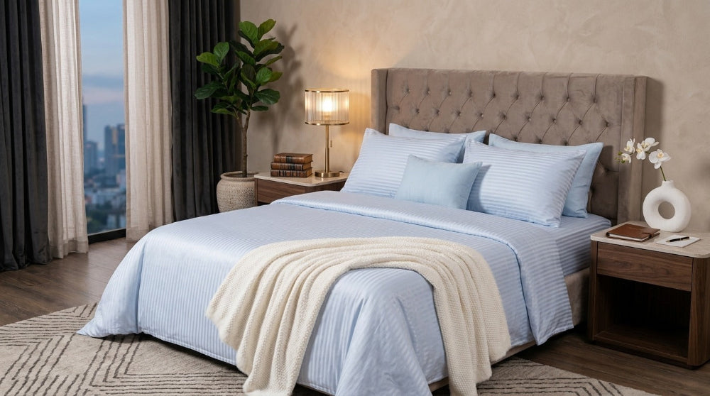 100% cotton stripe bed sheet set from the Textures Series featuring elegant woven texture, breathable comfort, and modern bedroom styling