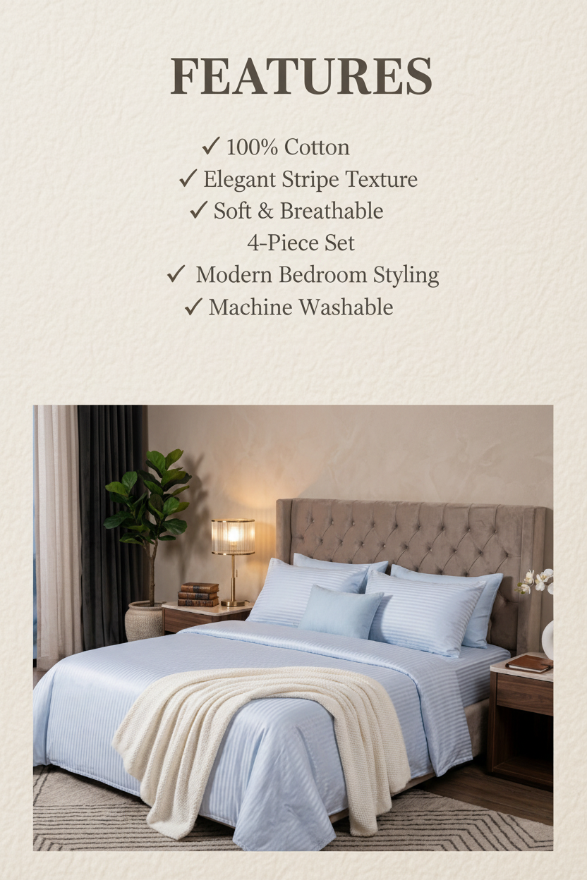 Hotel Style 100% Cotton Bed Sheet Set – Stripe Design