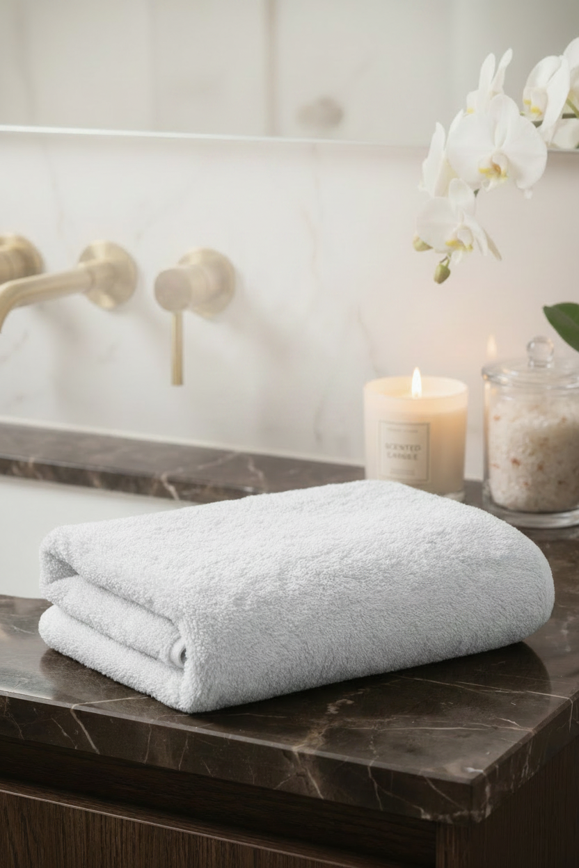Folded white towel on a bathroom counter with features listed above.