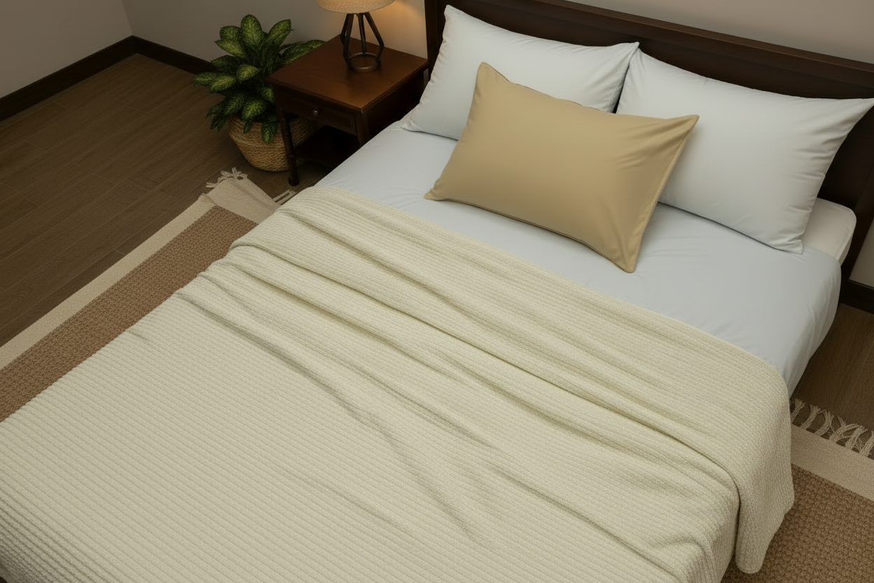 Off White coverlet on a bed with pillows in a bedroom setting