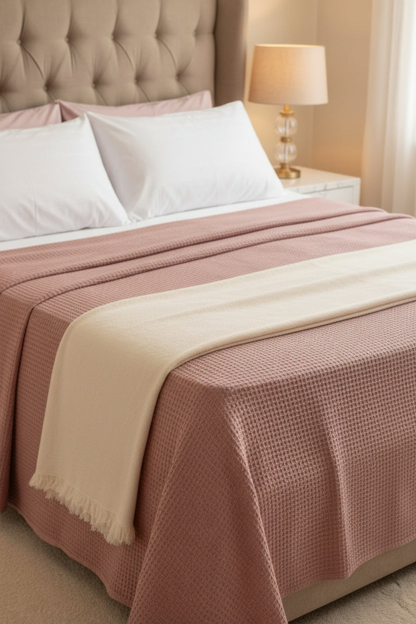 Bed with pink and beige checkered blanket, white pillows, and a lamp on a nightstand.