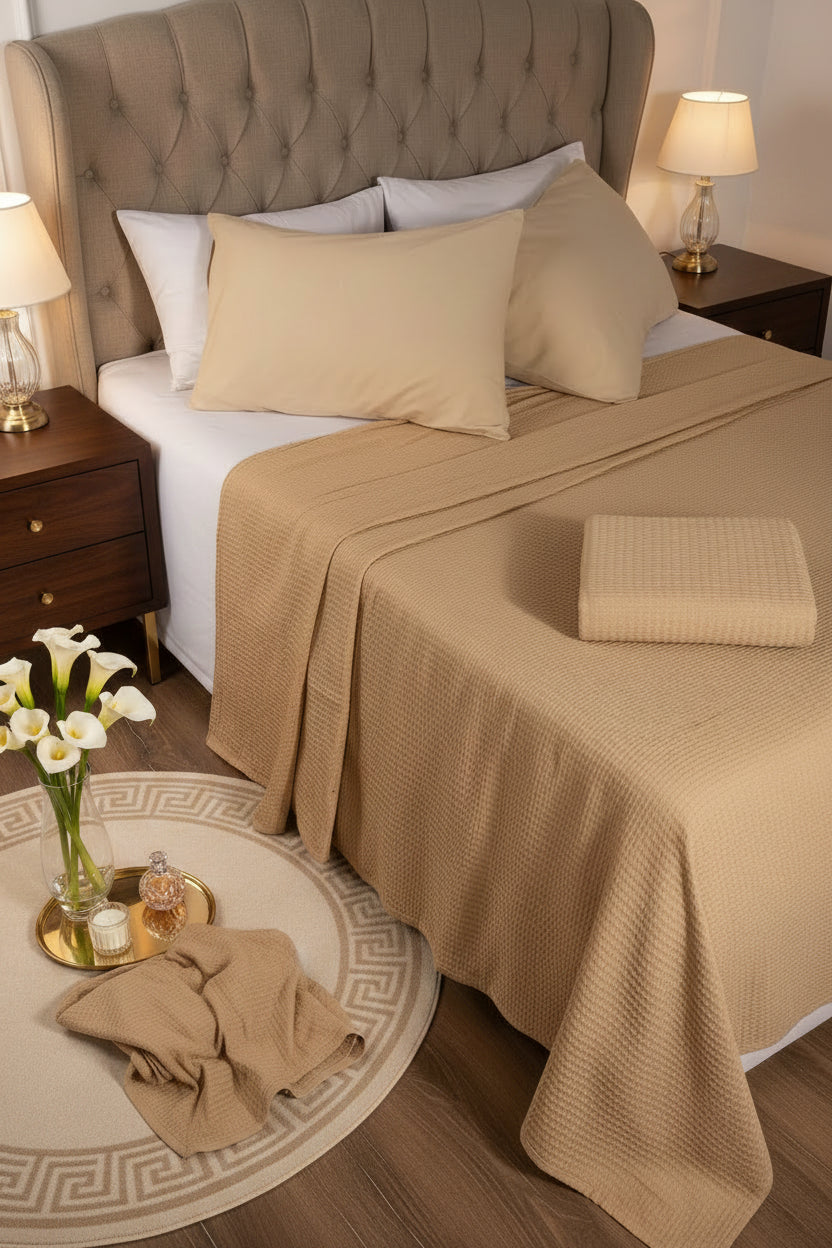 Neatly made bed with beige bedding and pillows in a bedroom setting.