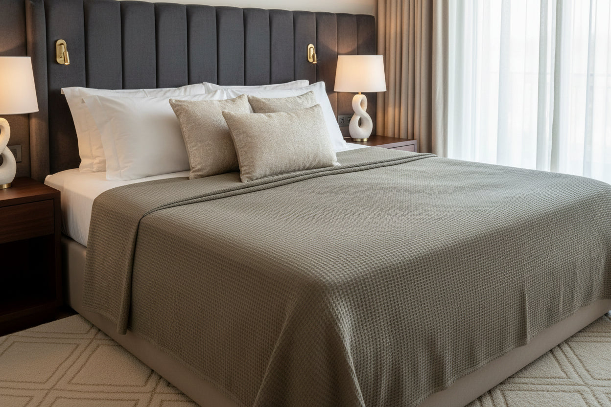 Bed with brown bedding and green pillows in a bedroom setting.