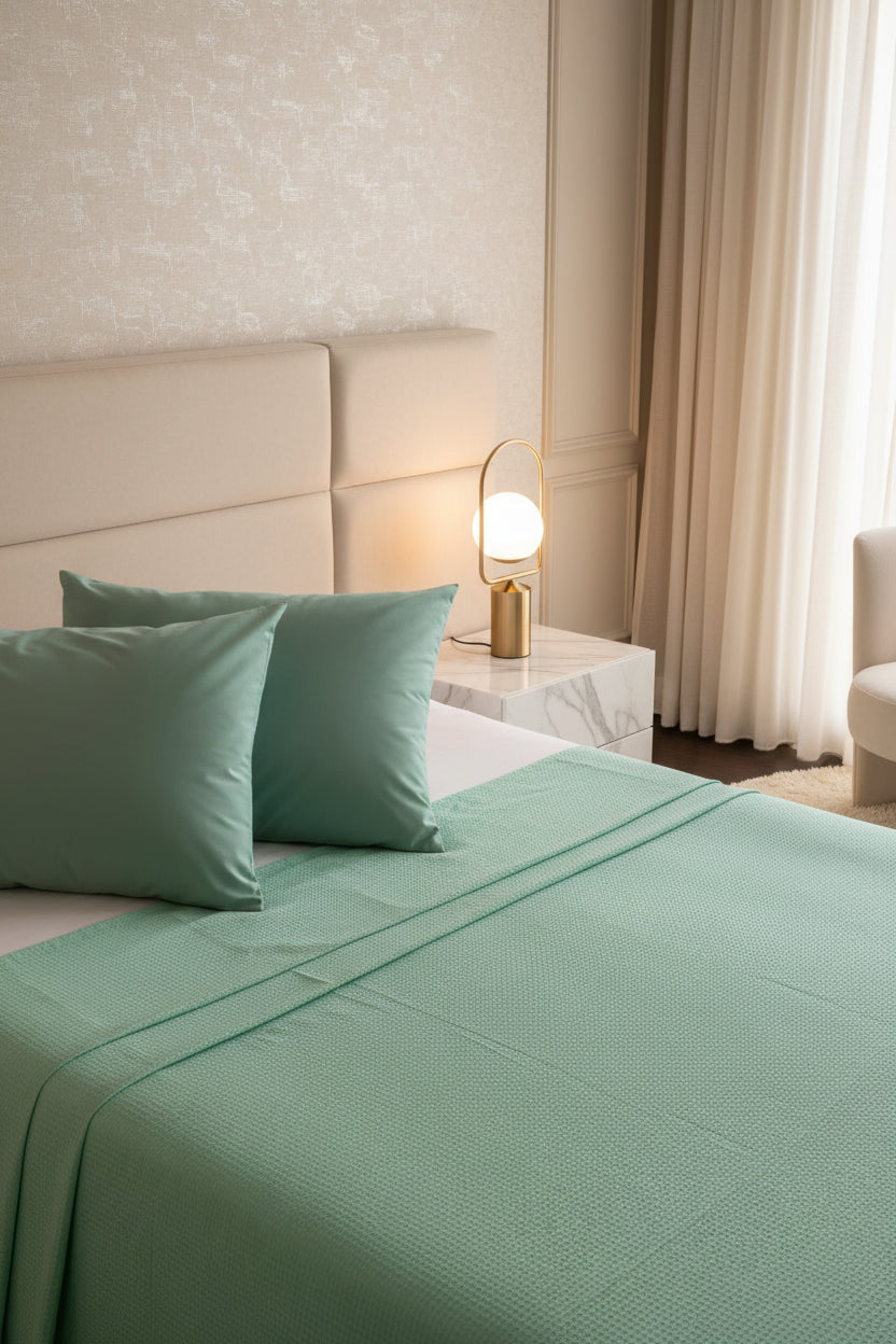 Bed with green bedding and pillows in a bedroom setting.