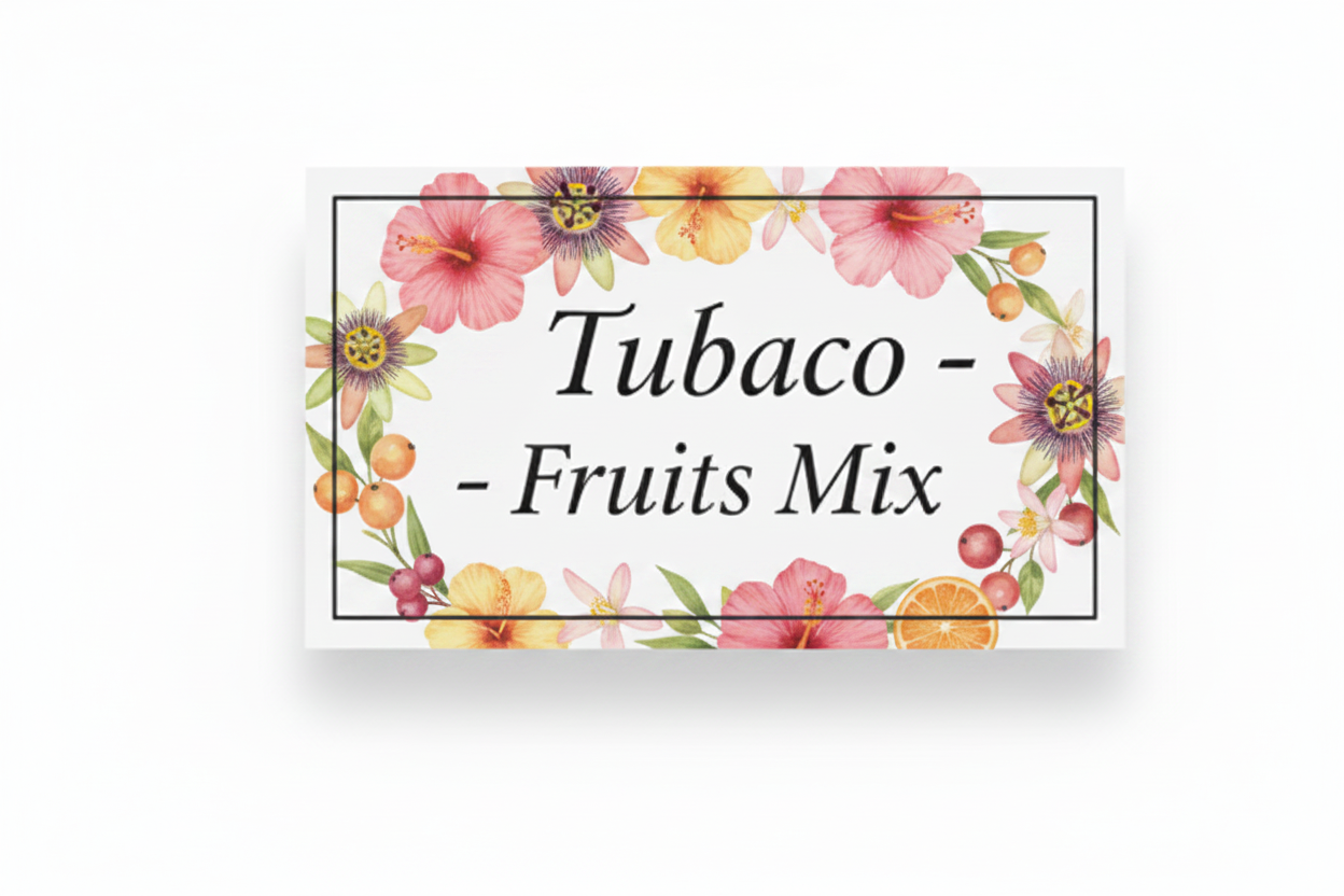 Rectangular product packaging with 'Tubaco - Fruits Mix' text on a white background