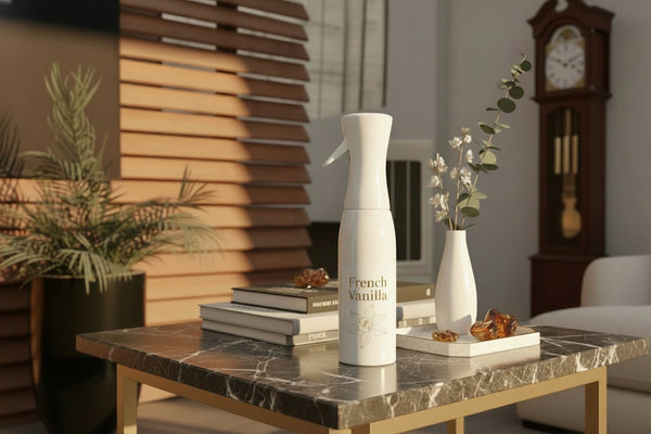 White spray bottle on a marble table with decorative items in a living room setting.