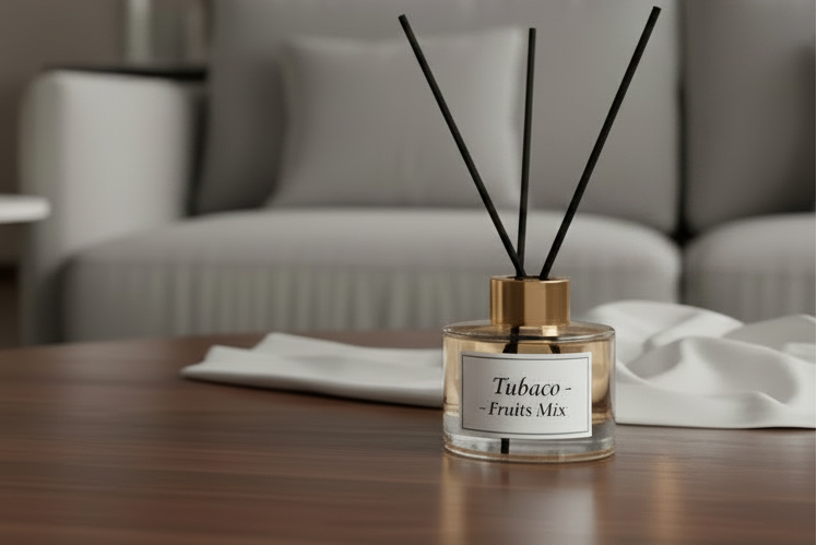 A diffuser bottle on a wooden table in a living room setting.
